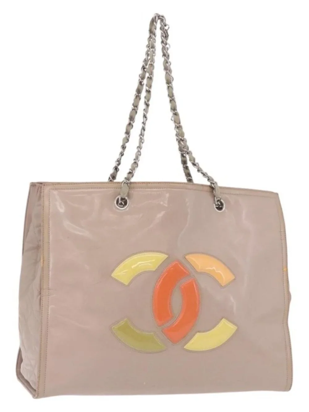 CHANEL Chain Tote Bag Patent leather Beige CC Auth EC956